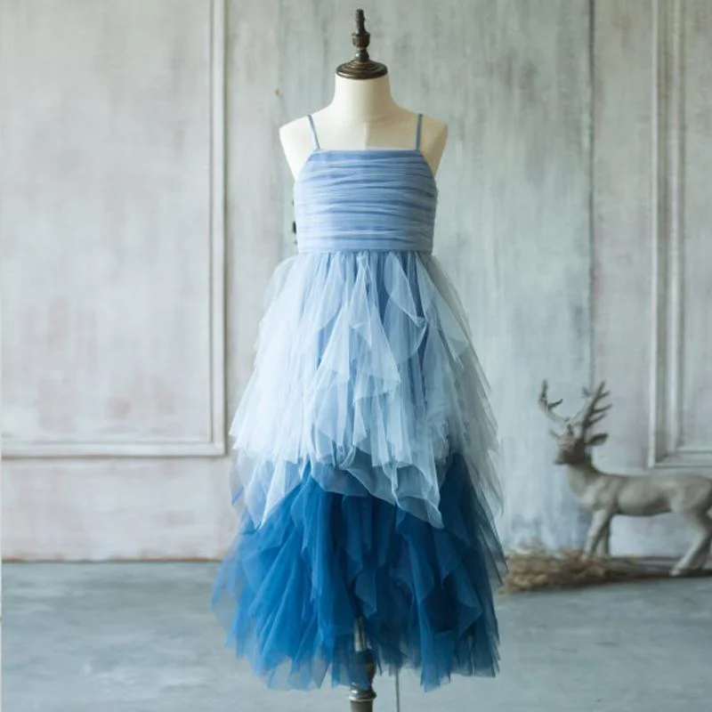 Minimalist Fashion Sale Unique Spaghetti Blue Tulle Flower Girl Dresses, Cheap Junior Bridesmaid Dresses, FG048 Elegant Contour