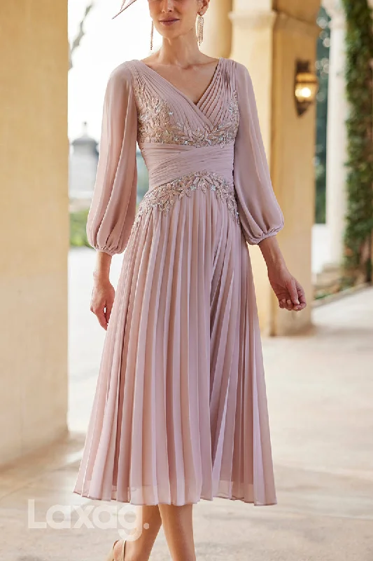 Latest Trends 23002 - V-Neck Long Sleeves Appliques Beaded Chiffon Mother of the Bride Dress Feminine Soft - Hued Look