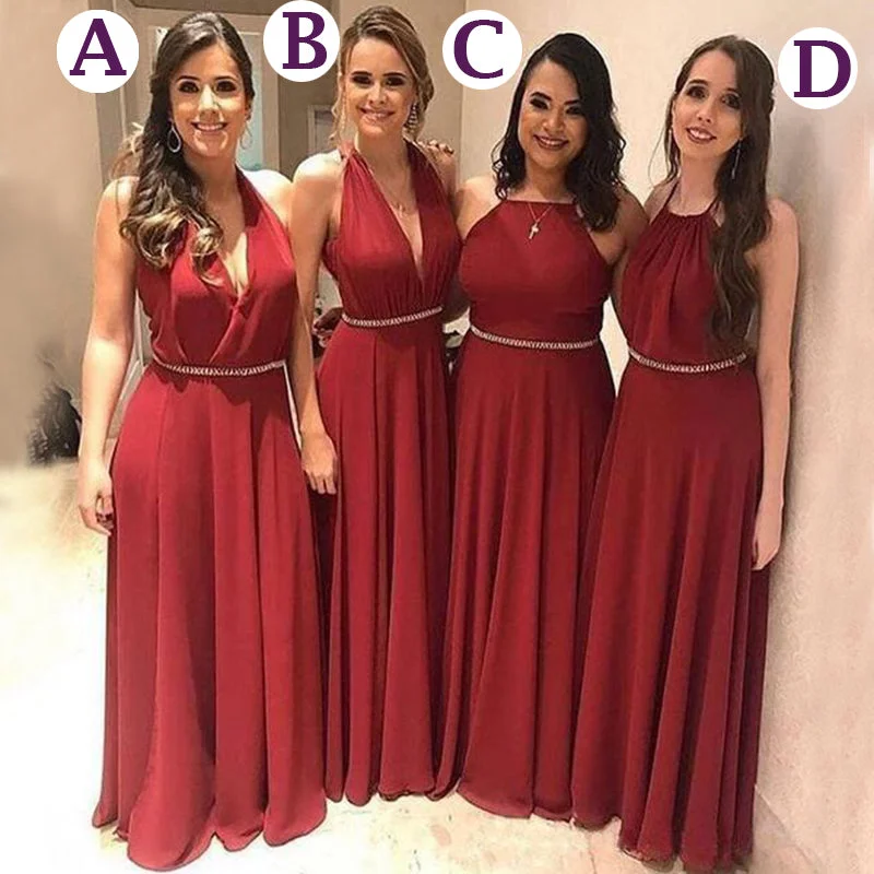 Premium Fashion Mismatched Rust Red A-line Elegant With Belt Long Bridesmaid Dress, BD3207 Luxe Layering