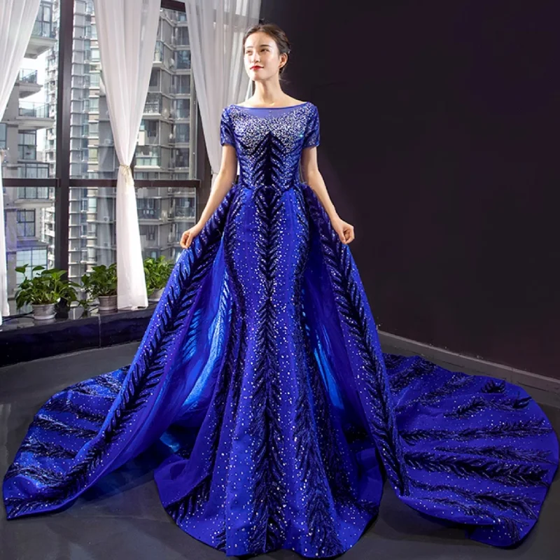 Contemporary Fashion Sale Royal Blue Sparkly Prom Dress Evening Gown with Detachable Train Effortless Grace