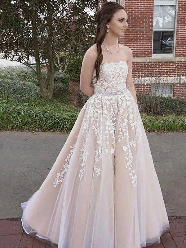 Massive Selection Sale A Line Strapless Sleeveless Floor-Length Applique Lace Champagne Prom Dress, Champagne Lace Formal Dress Contemporary Chic