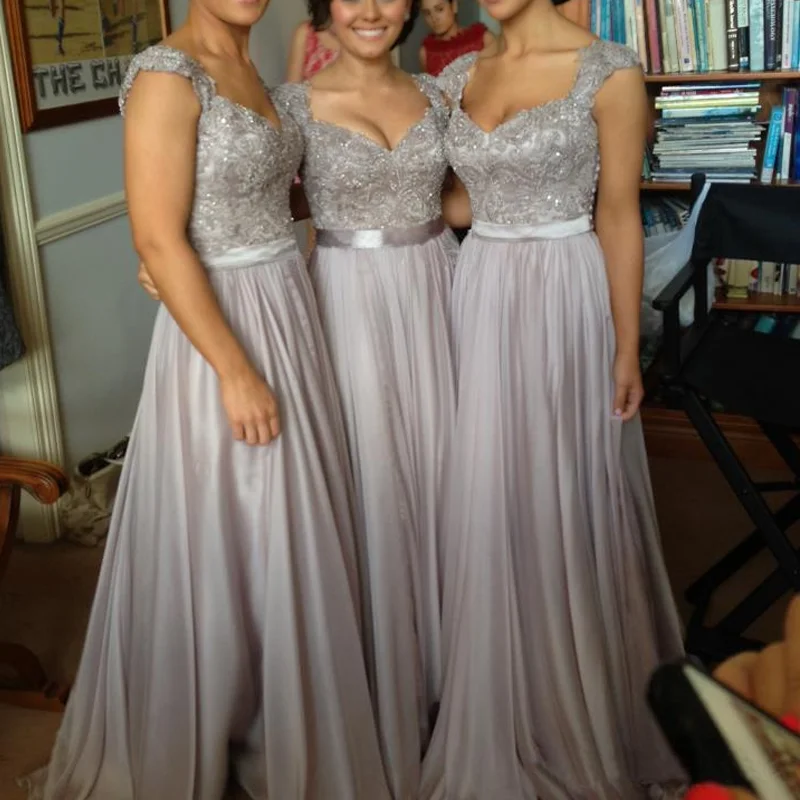 Premium Style Sparkly Lace Top Dusty Pink Cap-sleeve V-neck A-line Tulle Bridesmaid Dress, BD3064 Refined Simplicity