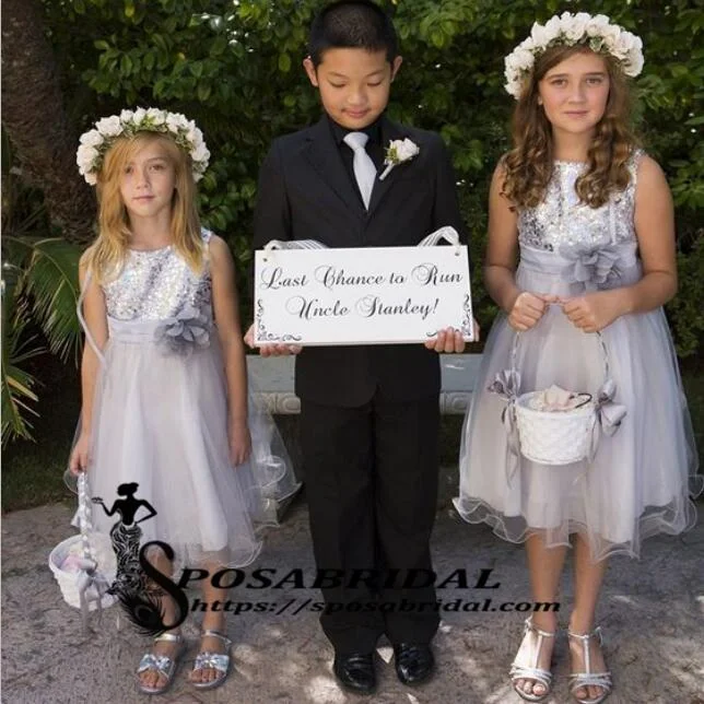 The Latest Trends Top Sequin Sliver Grey Round Neck Sleeveless Flower Girl Dresses With Handmade Flower, Sparkly Discount Junior Bridesmaid Dresses , FG123 Feminine Grace