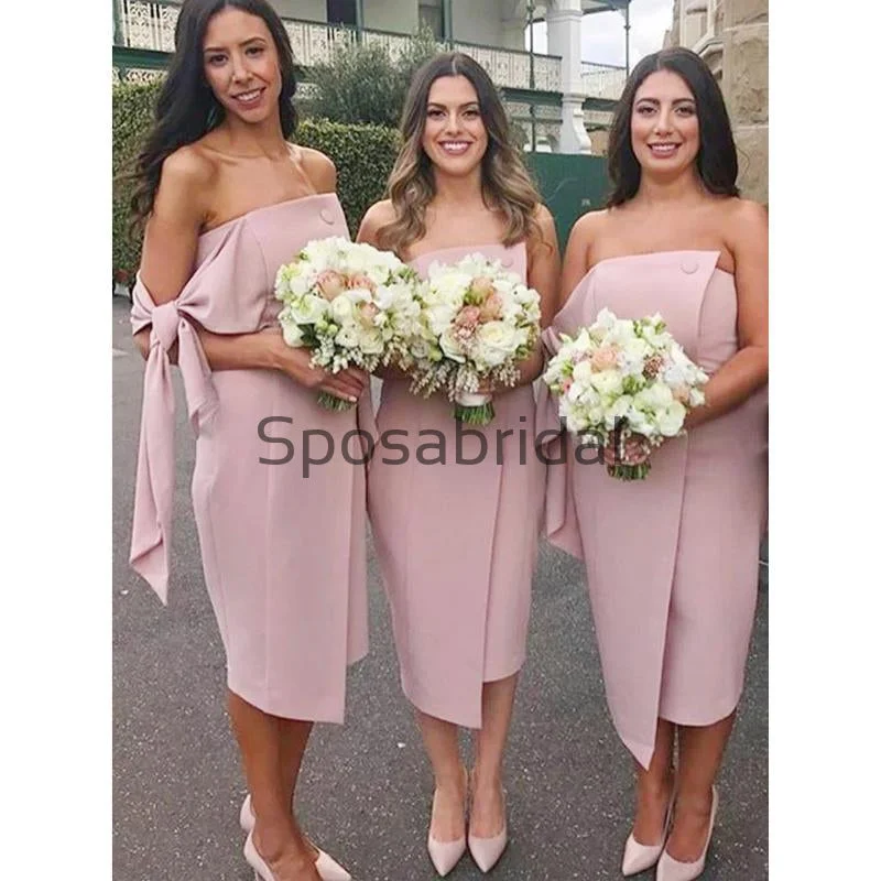 Unleash Your Trend Driven Style Sheath Strapless Knee Length Blush Dusty Pink Satin Midi Summer Bridesmaid Dresses, WG725 Flowy Fabric