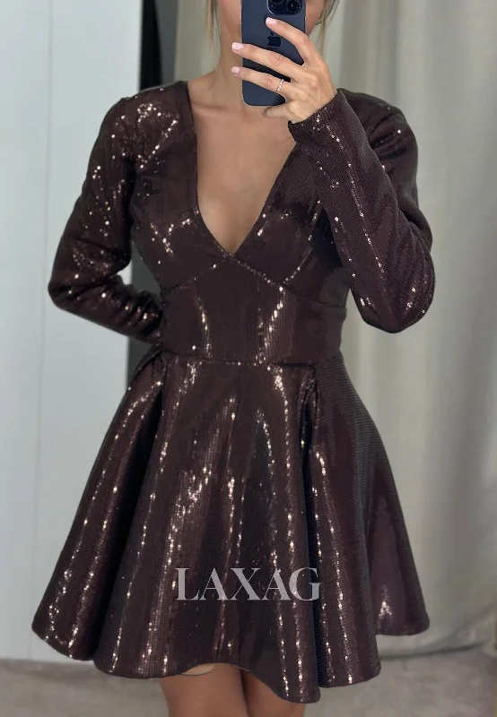 Style Upgrade 23132 - A-Line Low V-Neck Long Sleeves Fully Sequins Party Homecoming Dress Graceful Movement