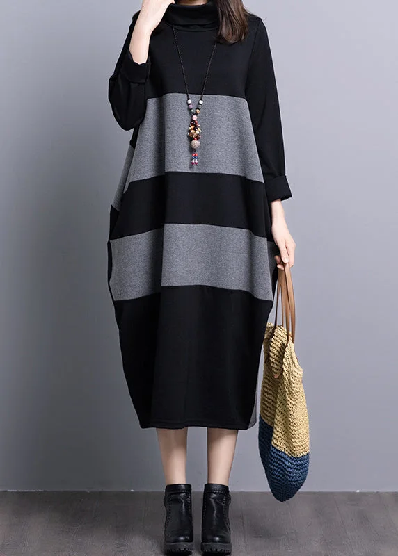 Hot Picks Black Grey Striped Knit Holiday Dresses Long Sleeve Charming Silhouette