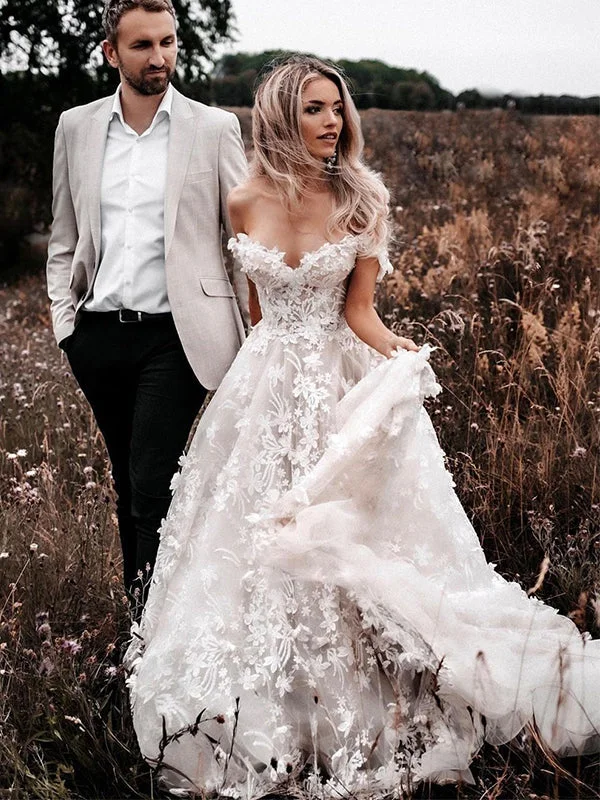 Casual Yet Chic Sales A Line Floral Lace Beach Country Wedding Dresses Off the Shoulder Bridal Gown Seasonal Trend