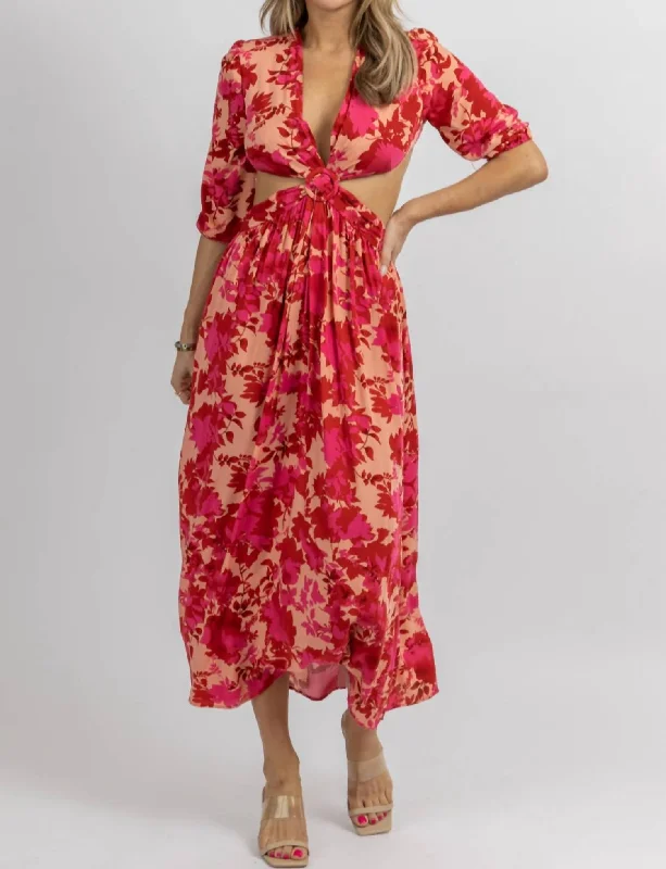 Stupidly Low Prices Cutout Cross Midi Dress In Hot Pink Floral Elegant Attire