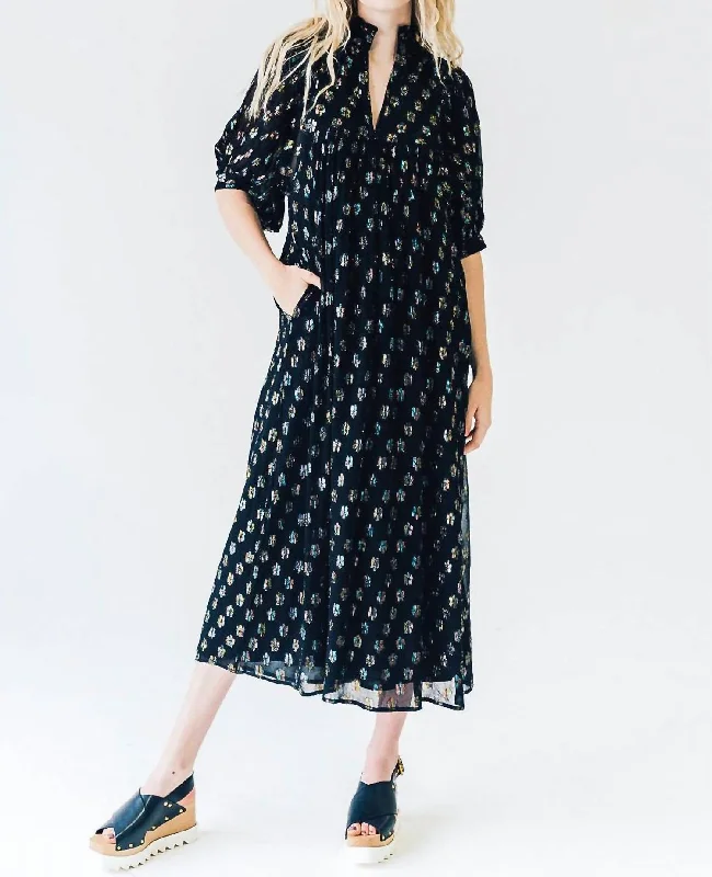 Premium Style Offers High Neck Midi Dress In Floral Metallic Elevated Style