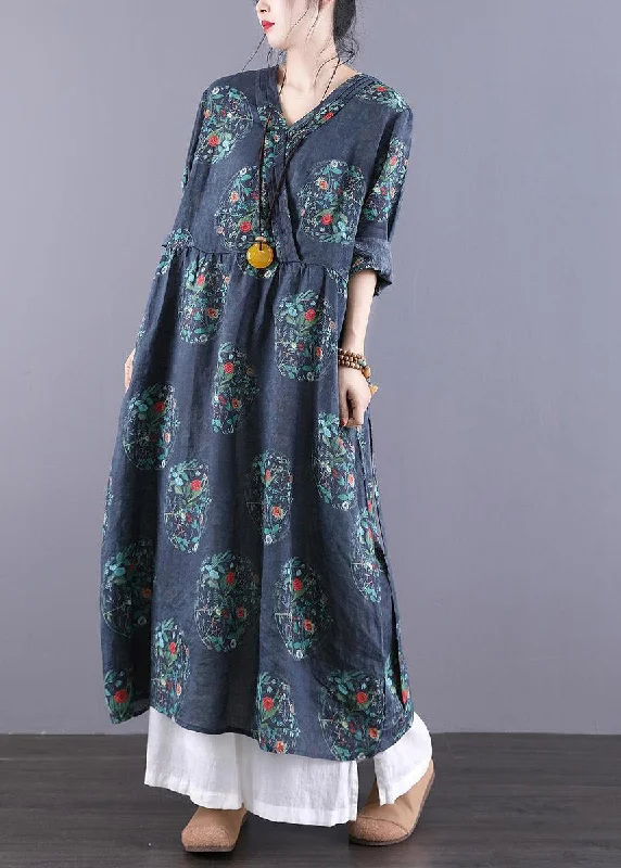 Quick Grab Deals Vintage Navy V Neck Print Patchwork Wrinkled Dress Long Sleeve Classic Appeal