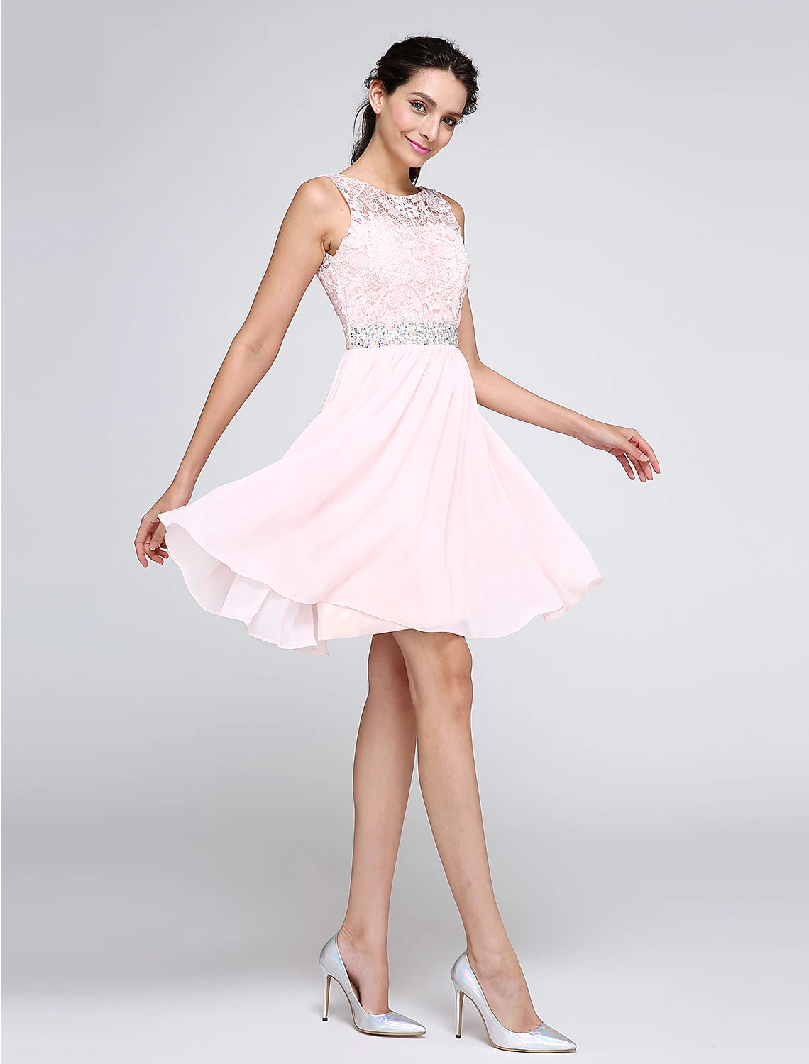 Hot Brand Discounts A-Line Special Occasion Dresses Party Dress Homecoming Short / Mini Sleeveless Illusion Neck Pink Dress Chiffon V Back Low Back with Crystals Flowing Silhouette