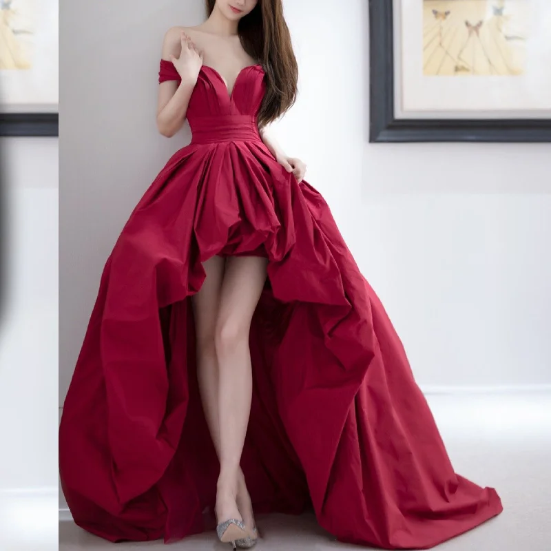 Unleash Your Style Off the Shoulder High Low Red Wedding Dress with V Neckline Feminine Elegant