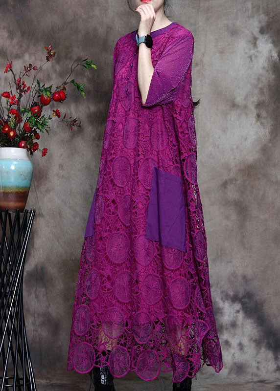 Step Ahead, Lead The Trend Plus Size Purple Lace Pockets side open Fall Long sleeve Dresses Feminine Allure