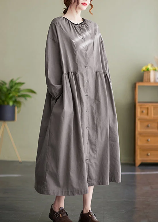 Special Offers Italian Grey O-Neck Button Cinched Long Dress Long Sleeve Contemporary Elegance