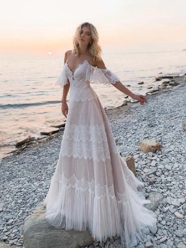 Playful Fashion Offers Bohemian Beach Champagne Wedding Dresses Boho Spaghetti Straps Backless Luxury Comfort