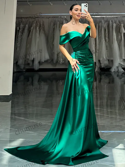 Spring Fashion Green Off-the-Shoulder Neckline Hip Wrap High Split Satin Floor Skirt Elegant Dress Prom Dress Flowy Fabric