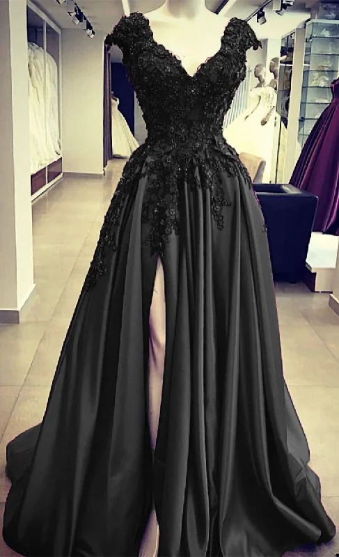 Flash Sale Now Black Satin Slit Dresses, With Lace Embroidery Prom Dresses Y1764 Flowy Fabric