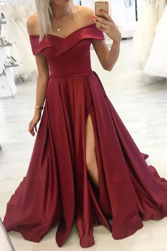 Cool Prices Off Shoulder Burgundy Satin Long Prom Dress with Slit, Off Shoulder Burgundy Formal Dress Y226 Exquisite Craftsmanship