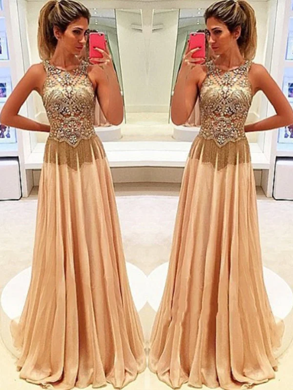 Limited Time Special Offer A Line Round Neck Sleeveless Beading Prom Dress with Sweep Train, Sweep Train Beaded Formal Dress Exquisite Craftsmanship