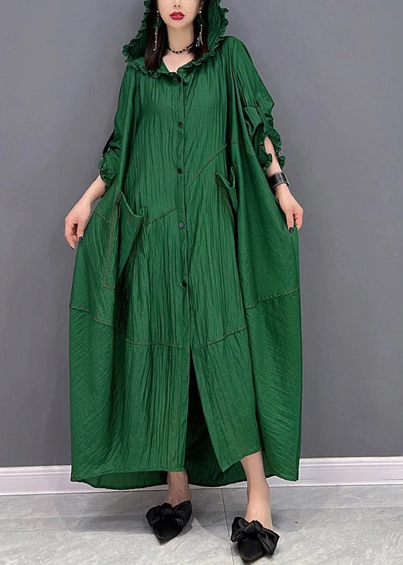 Top Brand Discounts Green Ruffled Button Low High Design Dress Long Sleeve Bold Silhouette