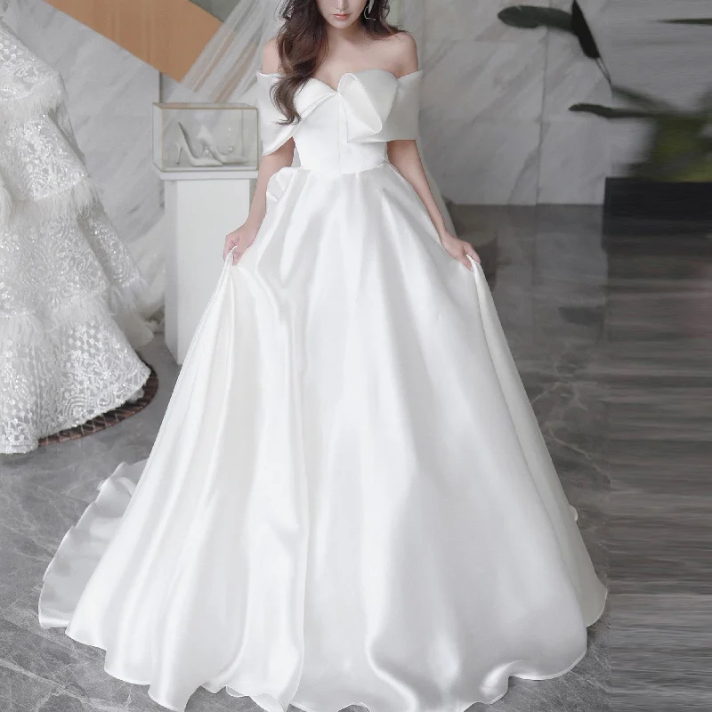 Fashion Sale Plain Satin Off the Shoulder Wedding Dress A-line Bridal Gown Save On Classic Elegant Styles