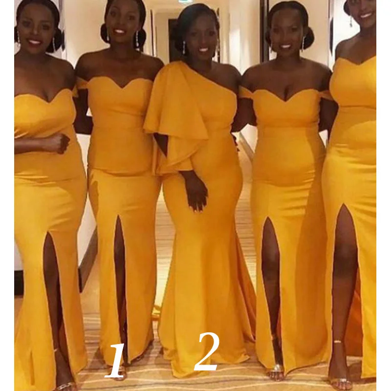 Fashion Forward Yellow Cheap Mismatched Side-slit Mermaid Long Bridesmaid Dresses, WG928 Urban Sophistication