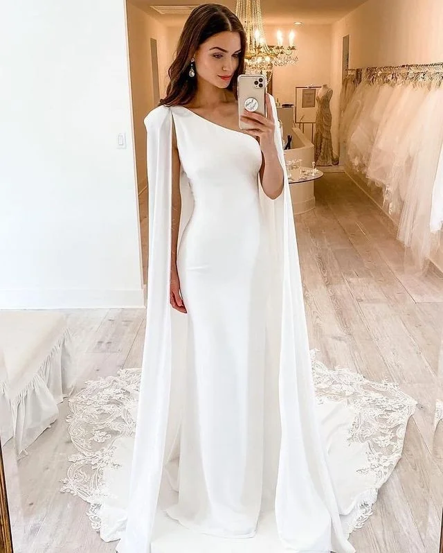 Seize Bargains One Shoulder Long White Satin Wedding Dresses with Cape Romantic Date - Night Ensemble