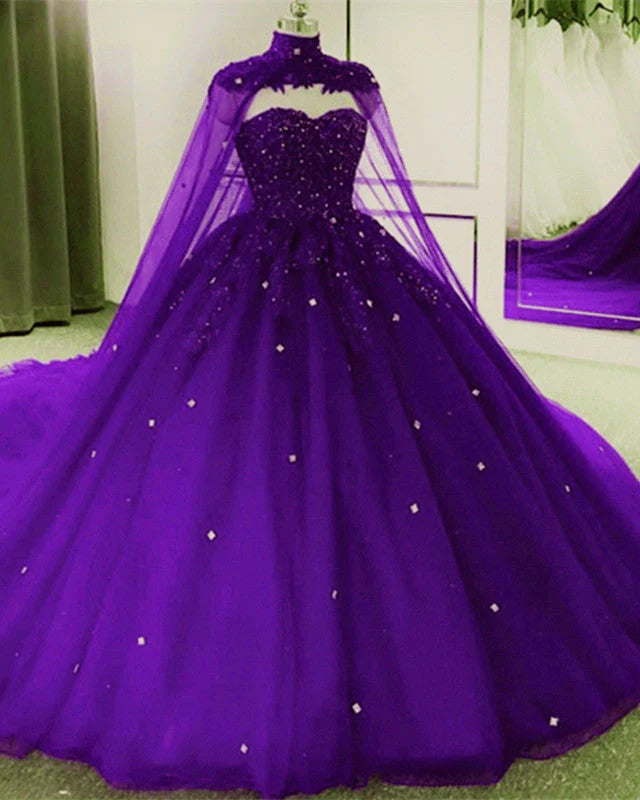 Limited Time Tulle Dark Purple Quince Dress Ball Gown Wedding Dress With Cape Classic Charm