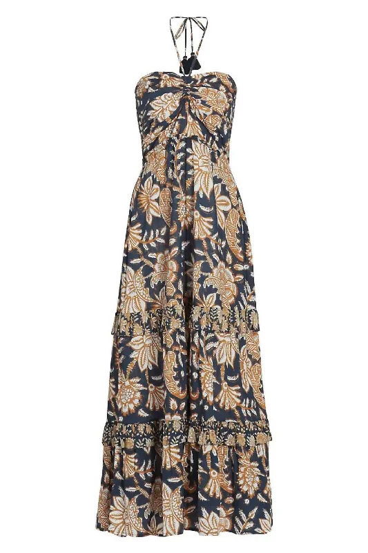 Limited Time June Dress In Batik Floral Midnight Navy Disco - Inspired Retro Dance Look