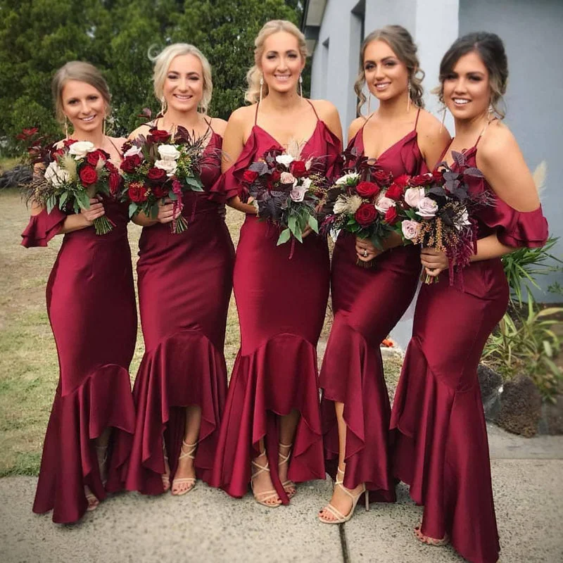 Limited-Time Offer Smoothy Halter Burgundy Mermaid Asymetric Tea-length Bridesmaid Dress, BD3141 Classic Appeal