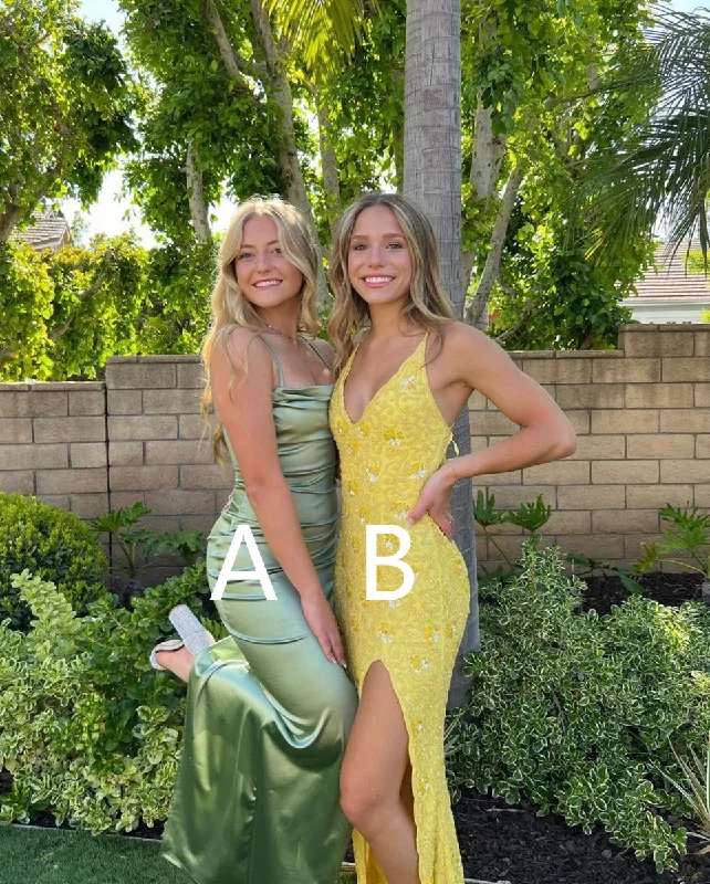 Luxe Style Discounts Different styles of dresses, Sage Green Satin Long Prom Dress, Yellow V Neck Prom Dress with Split Y3058 Graceful Movement