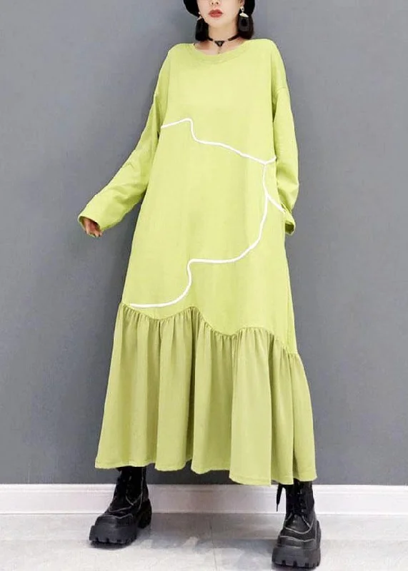 Unleash Your Trendy Side Women Light Green O-Neck Patchwork Holiday Dress Fall Long Sleeve Refined Look