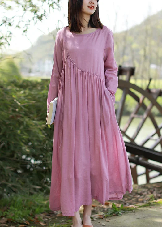 Final Sale Brief Pink O-Neck tie waist wrinkled Linen Dresses Long Sleeve Seasonal Trend