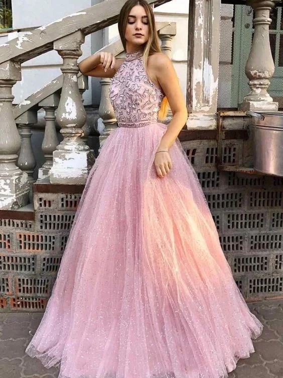 Limited Stock, Big Sale Halter Shining Tulle Prom Dresses A-line Appliqued Gowns    cg21248 Tropical Island - Inspired Attire