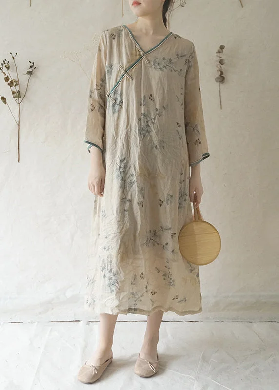 Mega Sales Beautiful Beige V Neck Print Patchwork Linen Long Dresses Long Sleeve Romantic Detailing