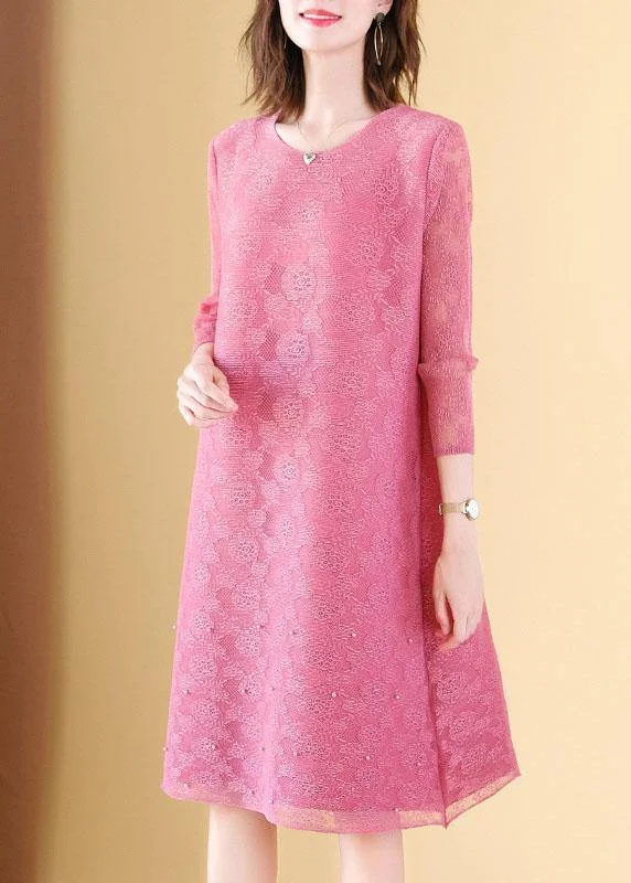 Find Your Unique Flair Art Pink O-Neck Long sleeve Maxi Summer Lace Dress Floral Style