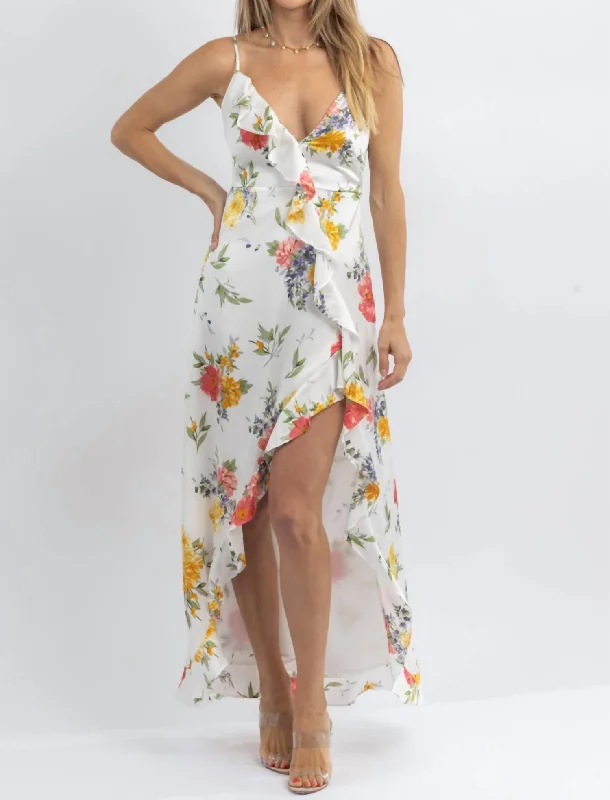 Huge Discounts This Week Chloe Multifloral Slit Midi Dress In White Effortless Sophistication