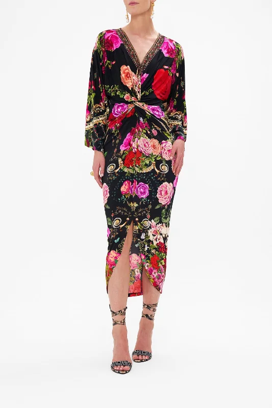 Exclusive Fashion Deals Embellished Floral Front-Twist Midi-Dress In Reservation For Love Feminine Charm