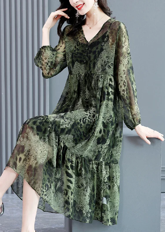 Hurry Before It'S Gone Handmade Green V Neck Patchwork Wrinkled Leopard Chiffon Long Dresses Long Sleeve Y2K Nostalgic Fashion Look