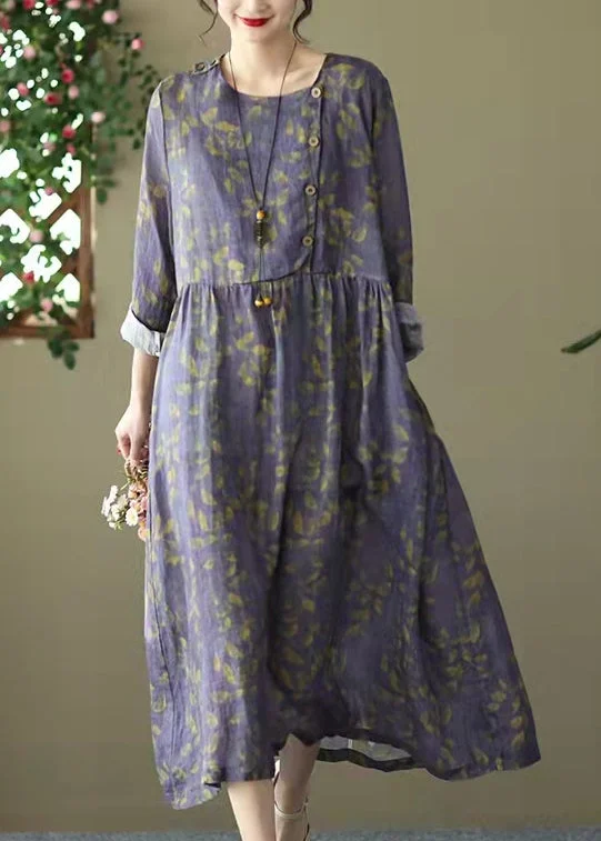 Flash Sale Plus Size Purple O-Neck Cinched Button Print Linen Dress Long Sleeve Vintage Charm