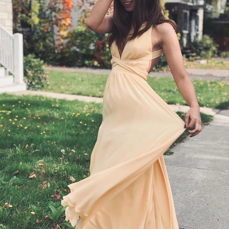 Street Style Discounts Cheap Light Yellow V-neck Lace Back Up A-line Chiffon Long Bridesmaid Dress, BD3008 Minimalist Office - Ready Style