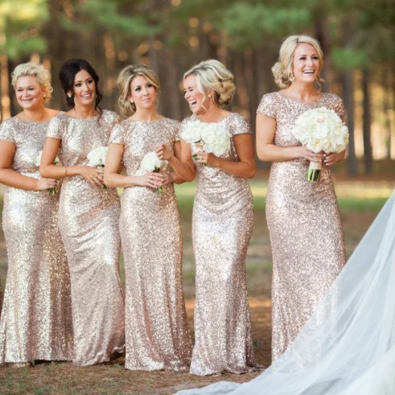 Huge Discounts This Week Sparkly Elegant Mermaid Champagne Cap-sleeve Long Bridesmaid Dresses, WG04 Refined Simplicity