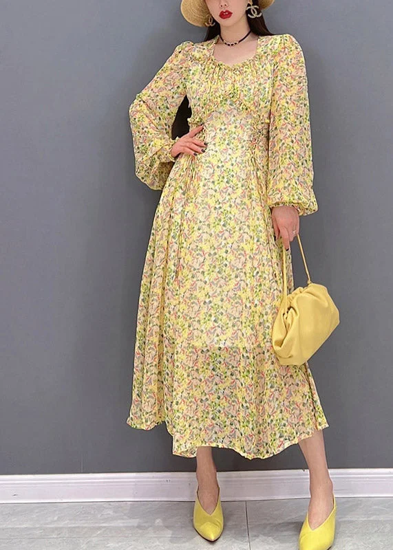 Discount Extravaganza Bohemian Yellow O-Neck Print wrinkled Chiffon Long Dress Long Sleeve Casual Elegance