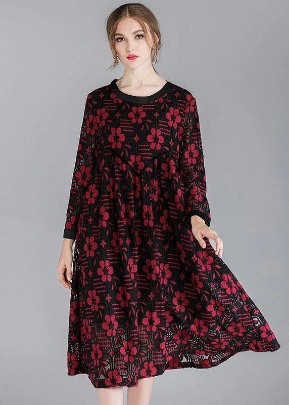 Fashion Forward, Function First Fashion  Red Loose O-Neck Spring Party Dress Long Sleeve Soft Textures