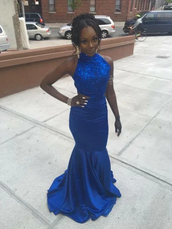 Embrace New Fashion Charming Sheath Royal Blue Satin Backless Slim Fitted Appliques Prom Dresses Y1269 Classic Charm