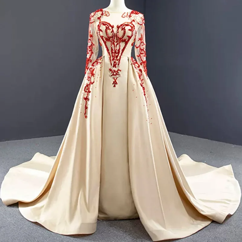 Day-To-Night Styles Long Sleeve Beaded Satin Wedding Gown Prom Dress with Long Train Feminine Grace