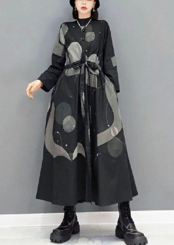 Get The Latest Trends Stylish Black Stand Button Dresses Fall Long Sleeve Graceful Cut