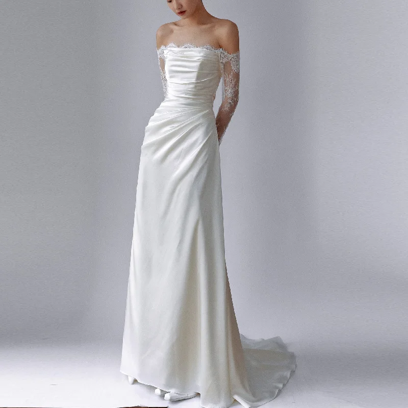 Contemporary Casual Deals Sheath Satin Wedding Dress with Off-The-Shoulder Long-Sleeve Charming Silhouette