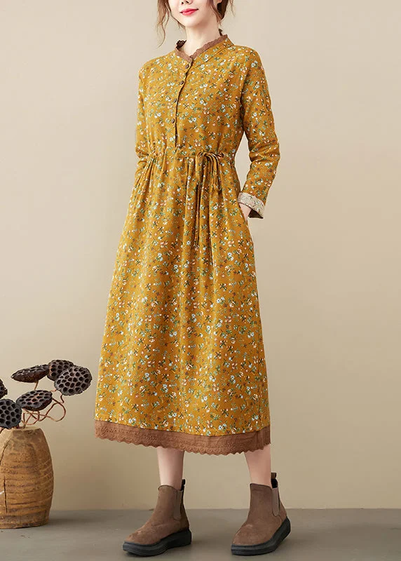 Hot Deals Art Yellow Stand Collar tie waist Print Lace Patchwork Dresses Long Sleeve Fashion-Forward Style