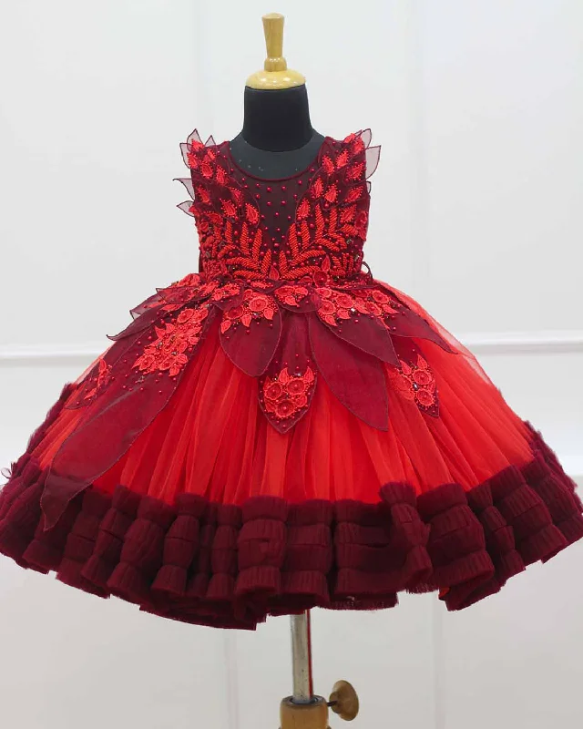 Gift Ideas Pre-order: Red and maroon party wear gown with heavy and crafted yoke and petal detailing Elevated Style